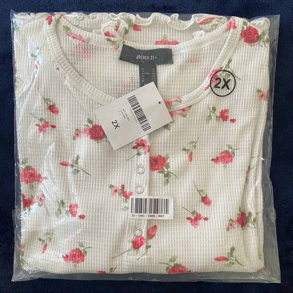 White Floral Henley Top Plus Size